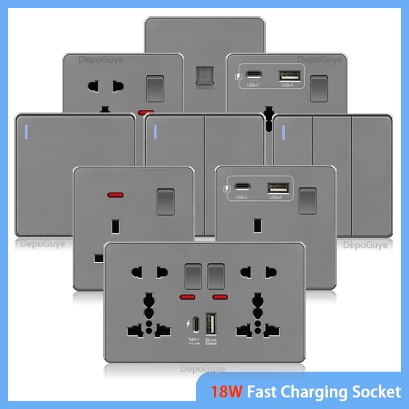 UK 13A con presa di corrente a muro a ricarica rapida USB Type-c 18W, interruttore universale per luce da parete Presa elettrica doppia USB AC110-250V