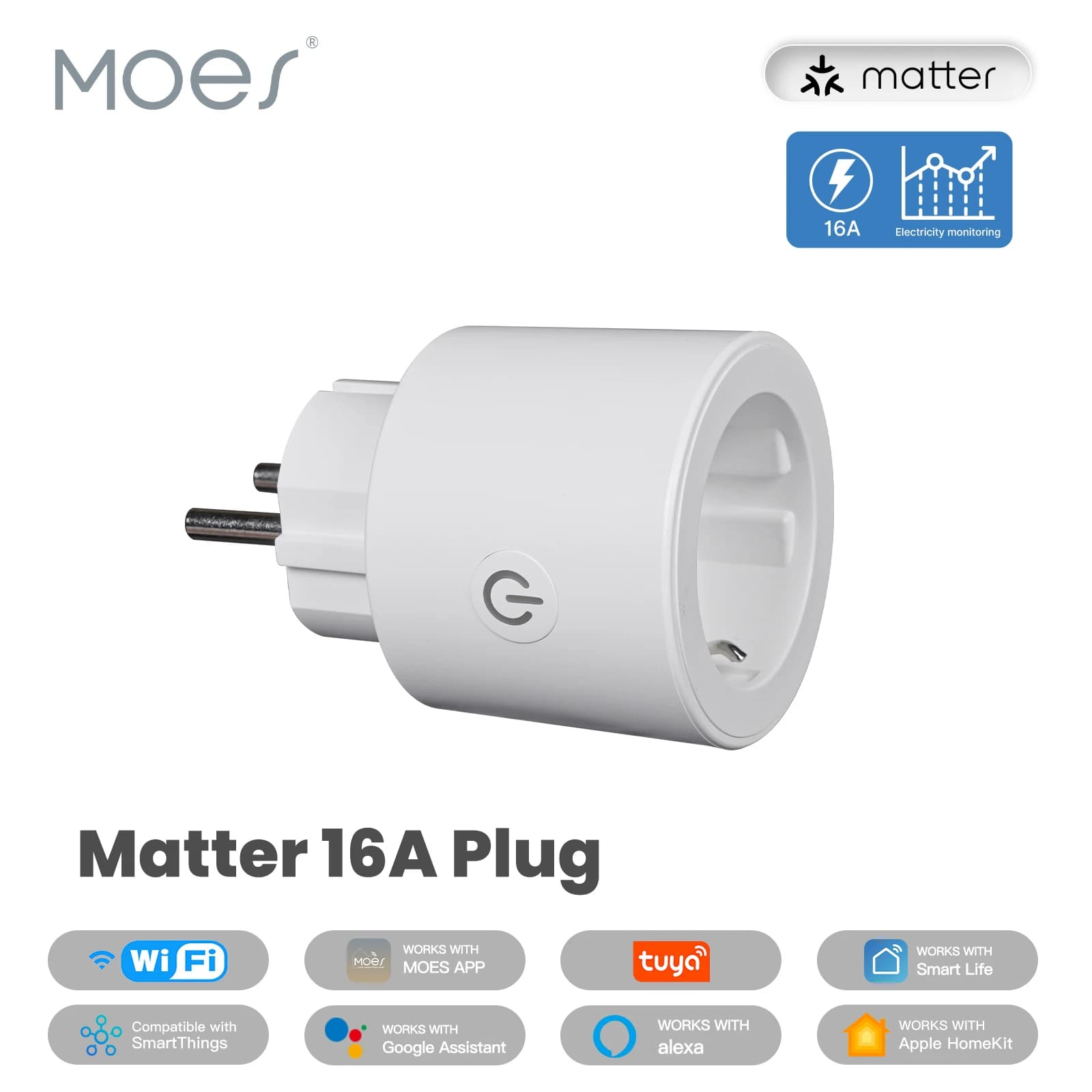 MOES Smart EU/US/UK Plug Matter WiFi Socket 15/16A Timer Outlet Power Monitor Support TUYA Apple Homekit with Google Home Alexa