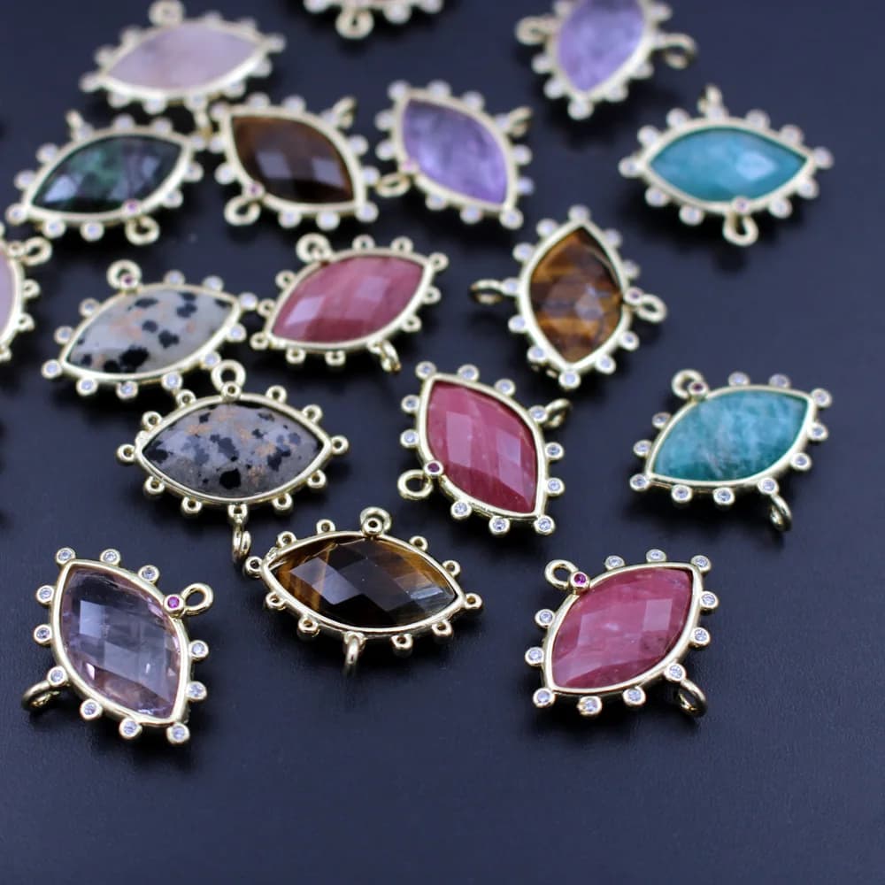 10 pz Sfaccettato Forma Marquise Quarzo Rosa Naturale Blu Amazzonite Pietra CZ Pendenti e Ciondoli Doppio Foro Connettori Ciondolo Artigianato FAI DA TE