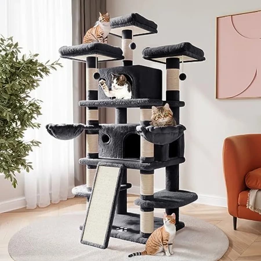 Albero per Gatti Multilivello da 68 Pollici per Gatti di Taglia Grande con Cuccia, Comodi Posti di Riposo in Peluche, Tiragraffi in Sisal e Amaca