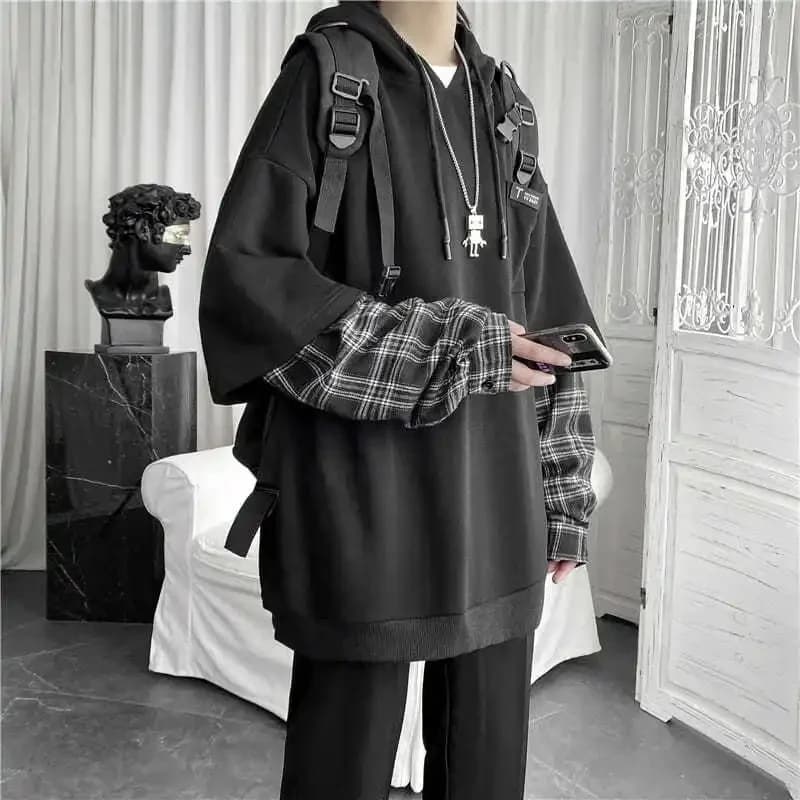 Fake Two Piece Plaid Patchwork Black White Oversize Harajuku Korean Fashion Casual 2024 Hoodie Long Sleeve Autumn Men Sweatshirt