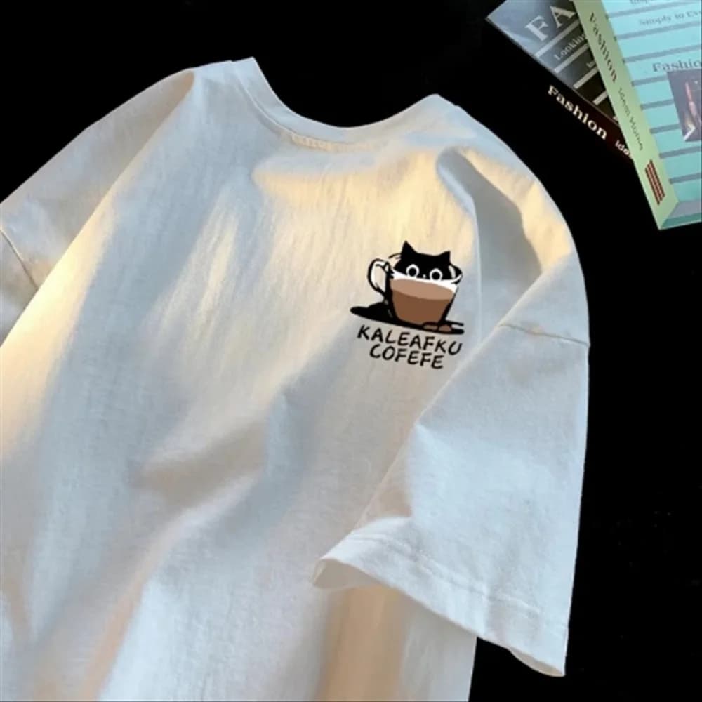 T-shirt a maniche corte allentata oversize basic semplice caffè estivo T-shirt da coppia a mezza manica con collo rotondo per studenti maschi e femmine