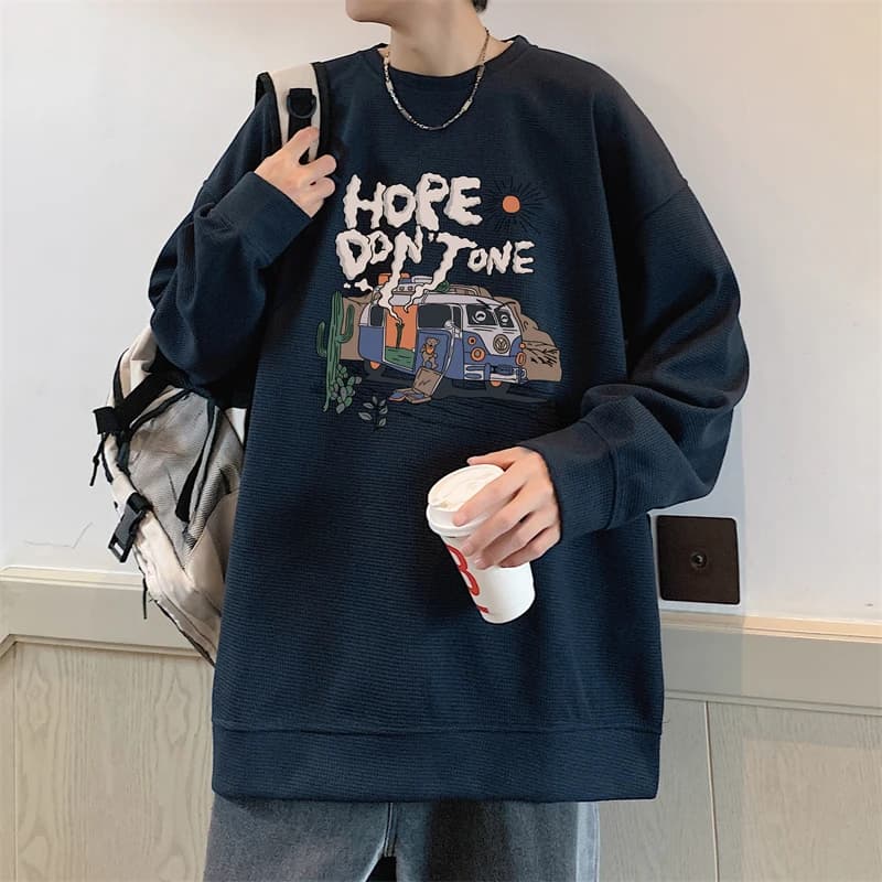 Oversize Long Sleeve Hoodie for Boys Youth American Retro Couple Clothes Heavyweight T-Shirt Casual round Neck Print Polyeste...
