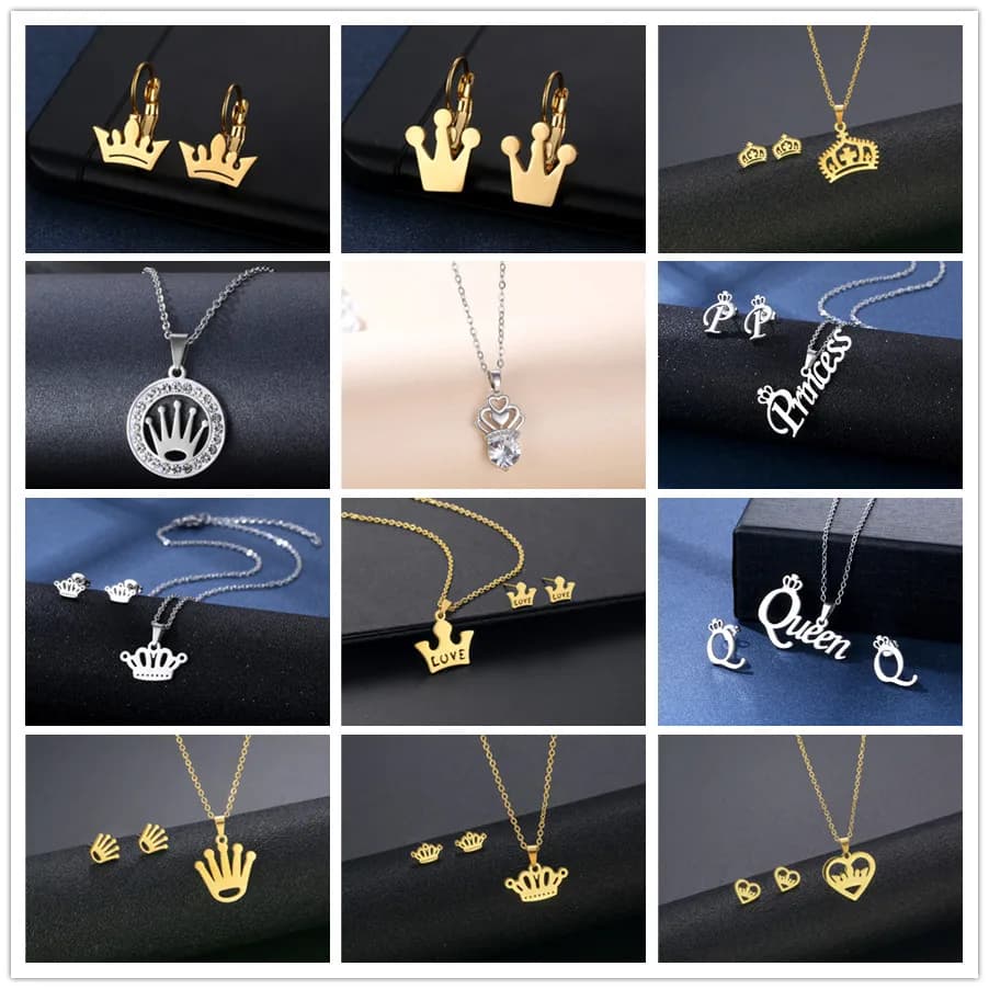 Stainless Steel Fashion Jewelry Sets crystal Queen Crown Choker Necklaces & Earings Set Noble Letter Pendant Studs Wholesale