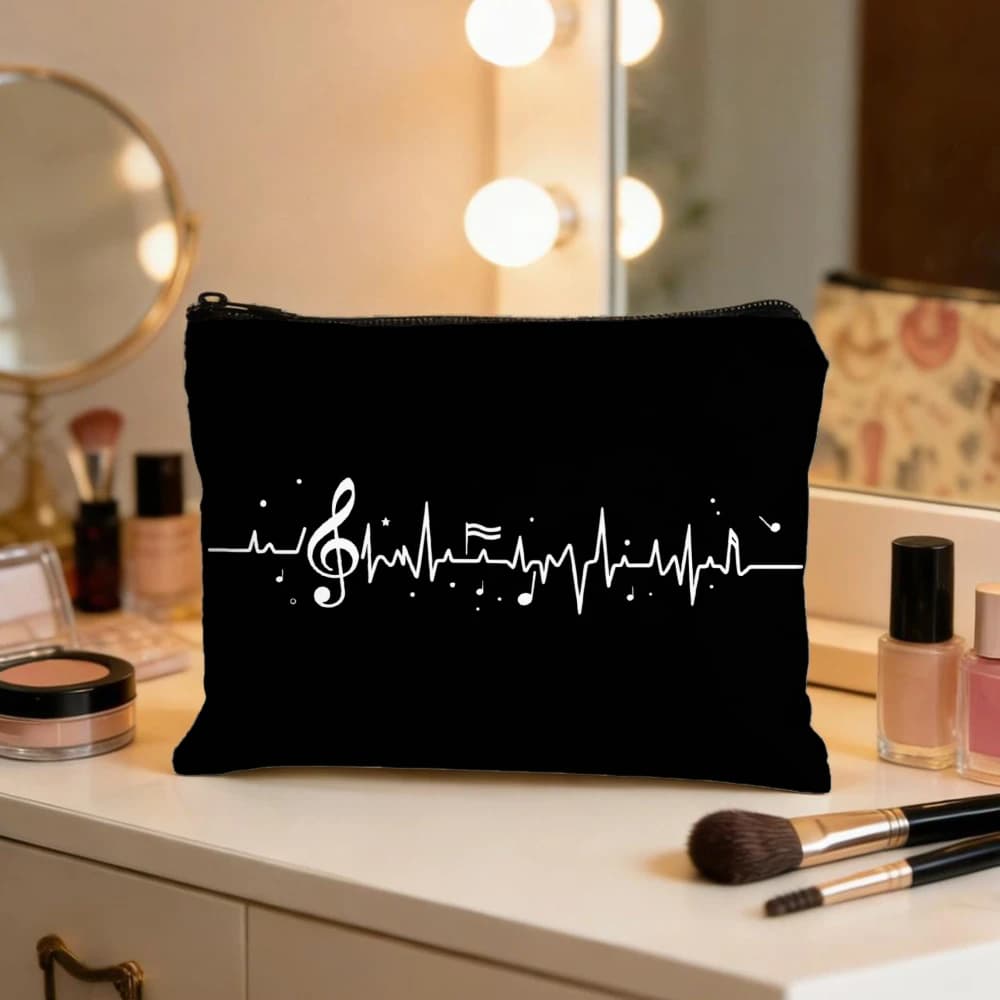 Borse per il trucco con motivo Music Note Heartbeat per ragazze, pochette per cosmetici, borsa da toilette, astuccio per matite, custodia da viaggio