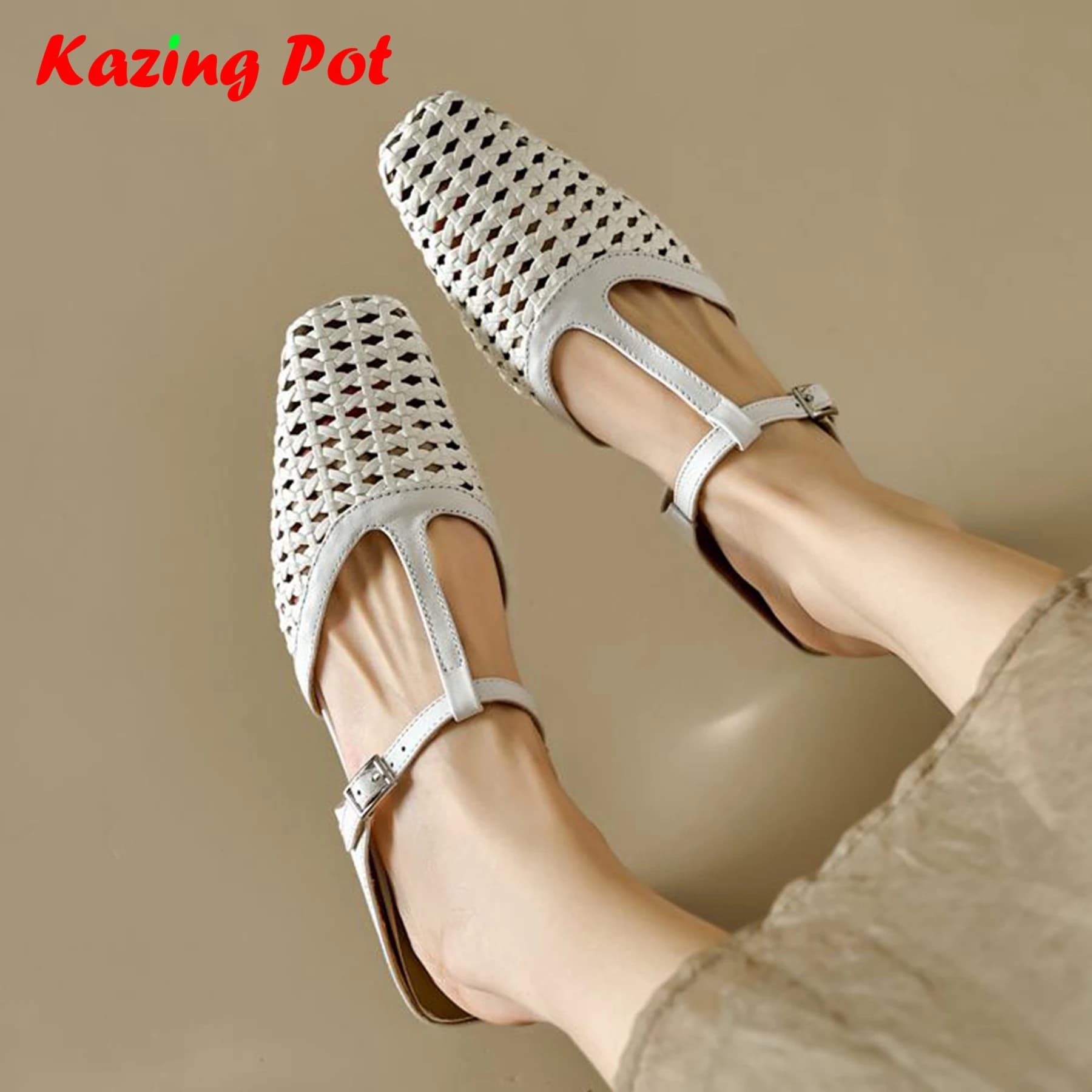 Krazing Pot Gladiator Weaving Design Cow Leather Slip On Summer Shoes Mules Thick Med Heels Buckle Design Elegant Women Sandals