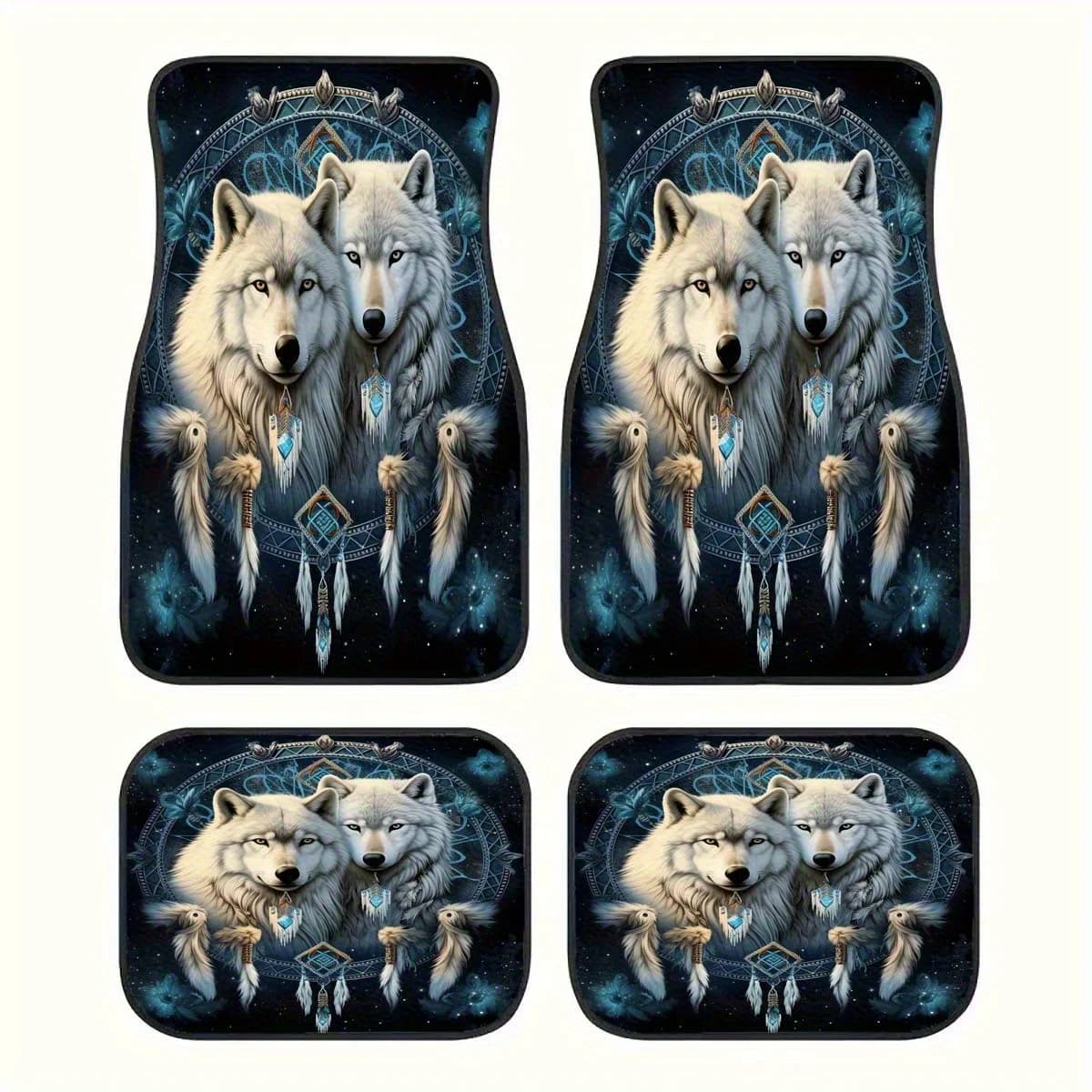 Full Coverage Car Floor Mats - Wolf Pack & Dreamcatcher Tribal Design In White & Blue, Non-Slip Backing, Crystal Velvet Interior