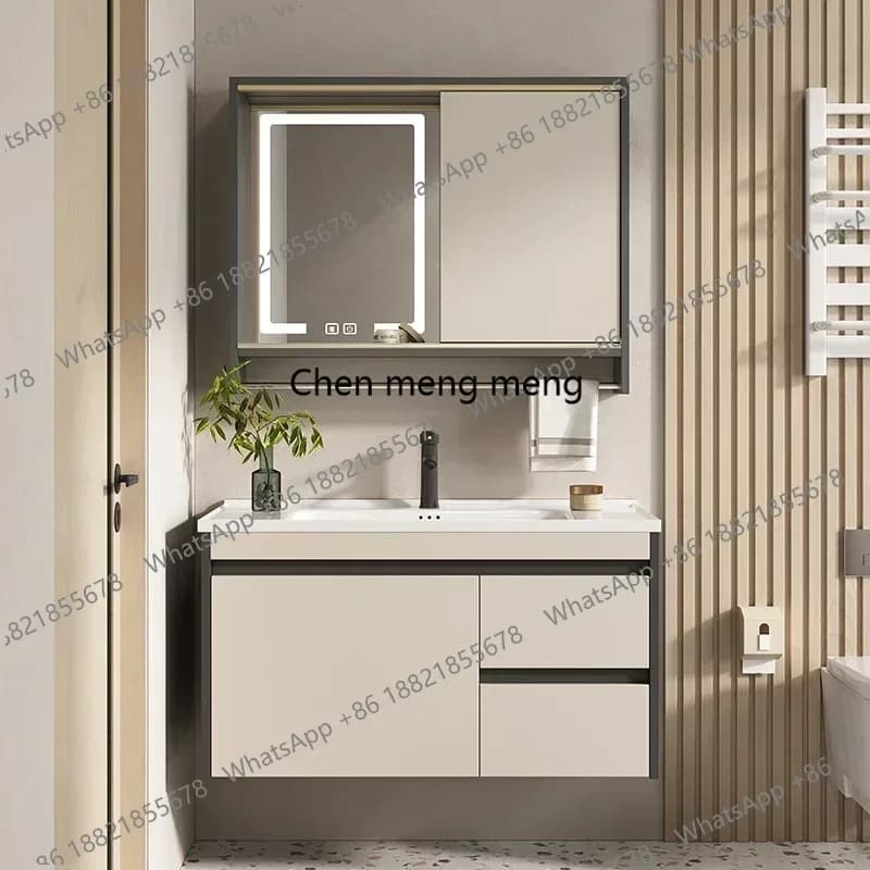 Mobile da Bagno Intelligente a Parete Stile Nordico Crema in Legno Massello con Specchio Antiappannamento Arredo Casa