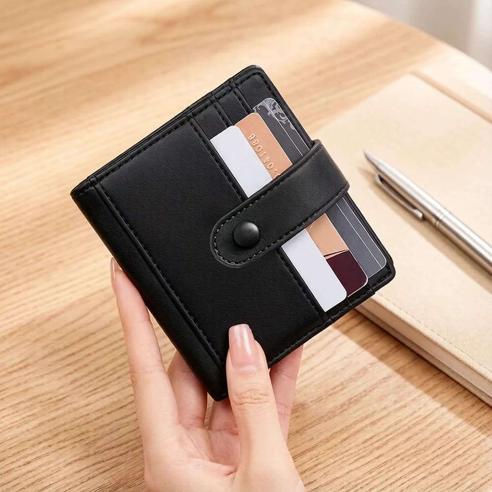Portacarte RFID Anti-skimming, Portafoglio Compatto in Pelle con Bottone a Pressione e Scomparti Multipli per Uso Quotidiano