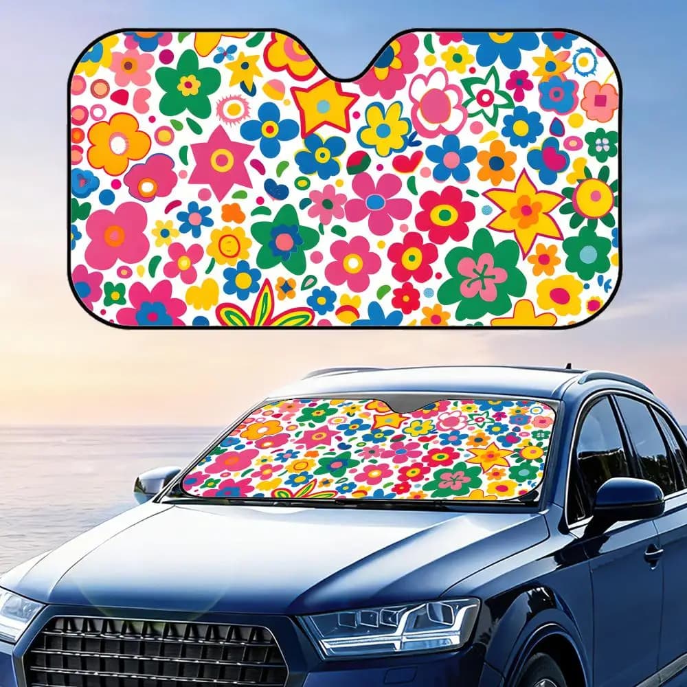 Parasole per Auto Groovy Flowers, Riutilizzabile in Alluminio, Protezione UV, Isolamento Termico a Tre Strati, Parasole per Parabrezza