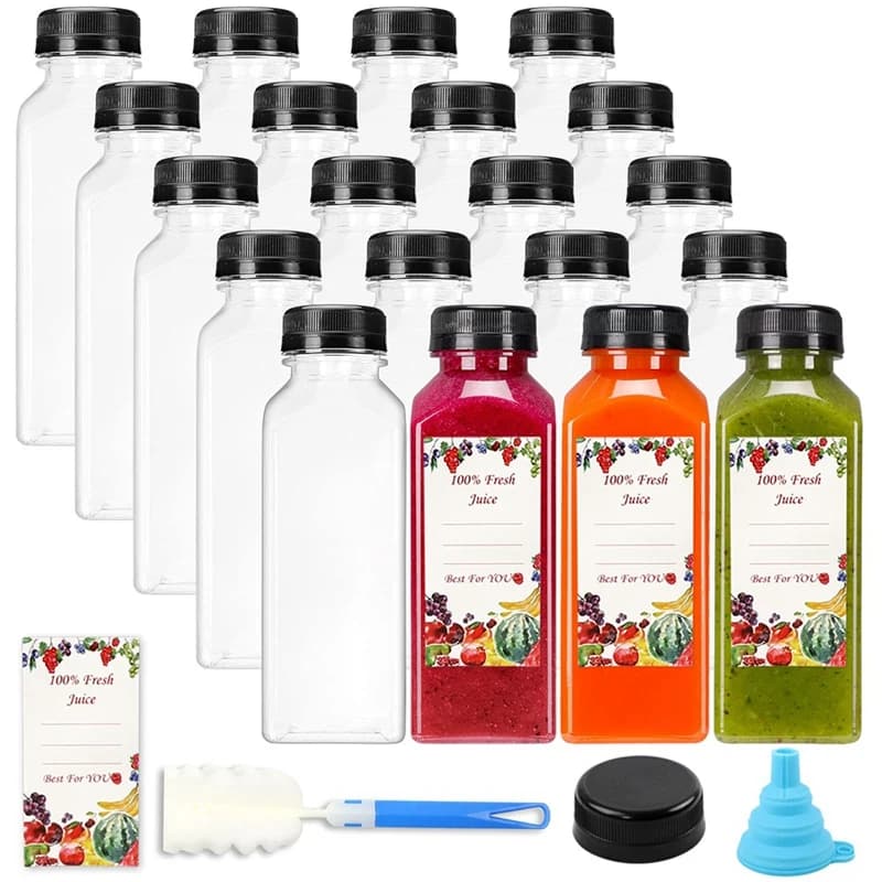 Bottiglie di succo di plastica vuote da 20 pezzi da 12 once con tappi, bottiglie d'acqua riutilizzabili, contenitori trasparenti con coperchi a prova di manomissione neri