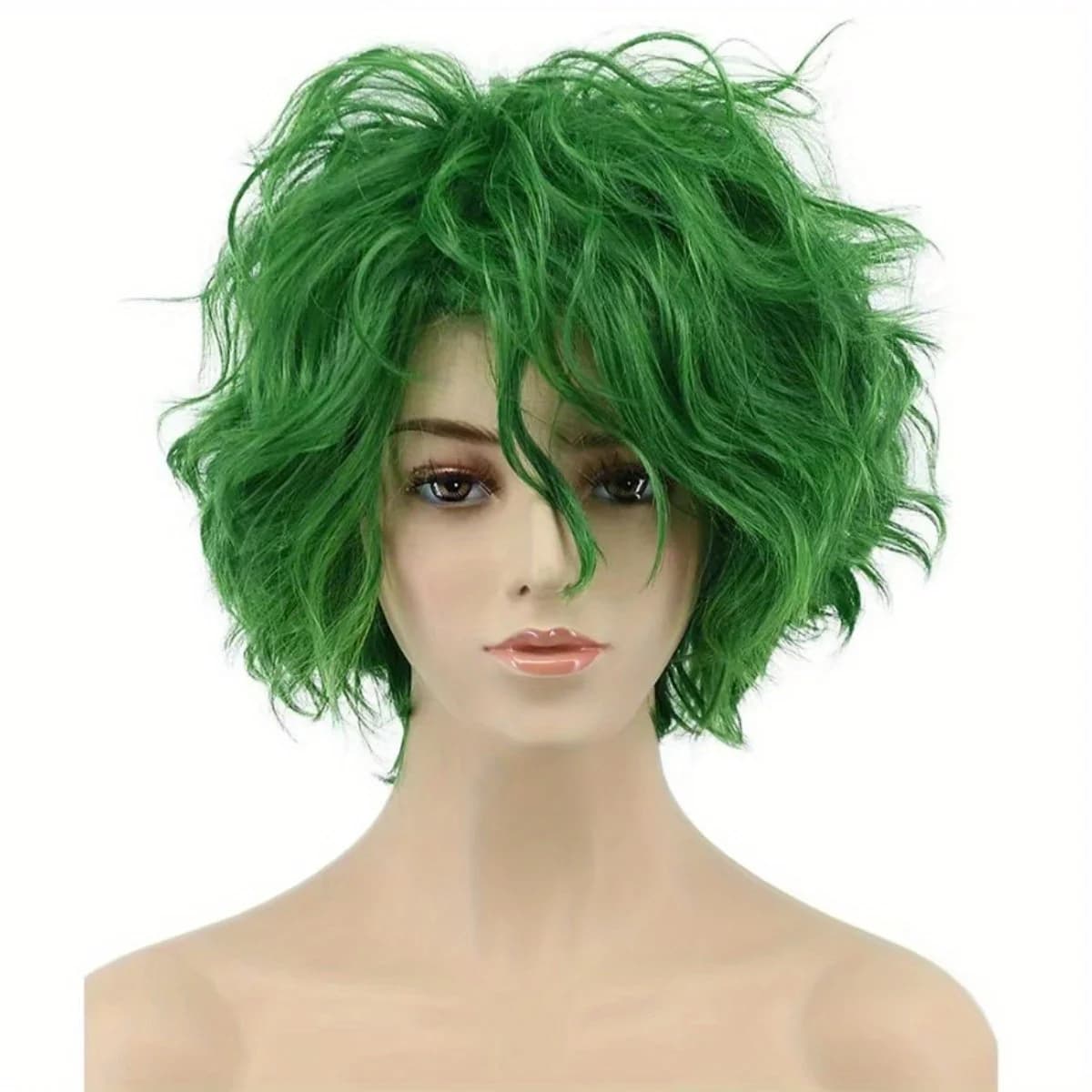 Parrucca sintetica in fibra chimica per capelli ricci corti verde fluorescente | Parrucca cosplay divertente del personaggio del clown del partito