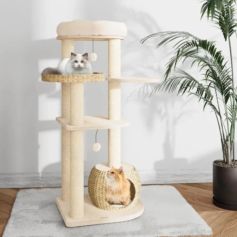 Albero per Gatti in Sisal Naturale Alto 53 Pollici con Cuccia Intrecciata a Mano, Postazione Superiore per Arrampicarsi, Giocare e Riposare