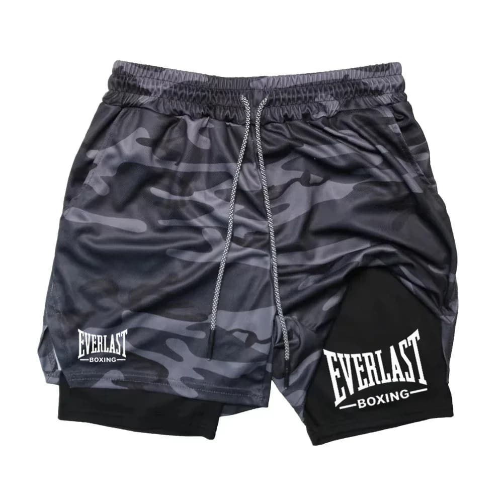 Pantaloncini sportivi da uomo 2 in 1 a doppio strato con stampa di lettere, pantaloni fitness per basket ad asciugatura rapida