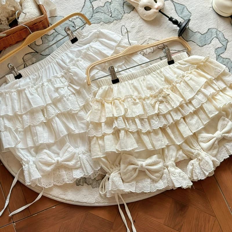 Pantaloncini Giapponesi Stile Lolita con Balze a Strati, Vintage, con Fiocco e Laccetti, Estetica Y2K Gotica, Pantaloncini di Sicurezza per Donna