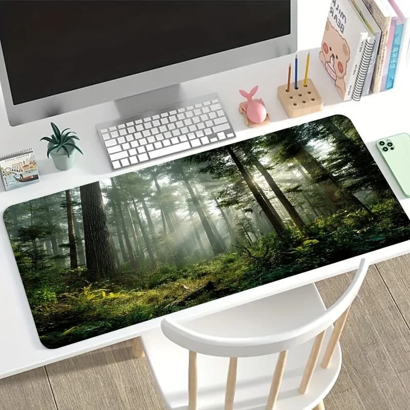 Un grande tappetino per mouse da gaming con un motivo raffigurante la luce solare che penetra tra gli alberi nella nebbia della mattina nella foresta. Ha una superficie antiscivolo
