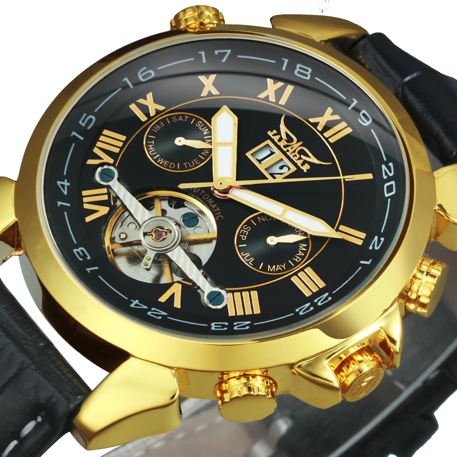 Jaragar orologio meccanico da uomo automatico in oro orologi da uomo Top Brand Luxury Tourbillon Calendar cintura in pelle orologi maschili Relojes