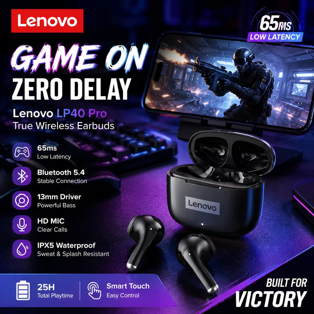 Auricolari Bluetooth Lenovo LP40 Pro a bassa latenza con controllo touch, chiamate HD, impermeabili, wireless per palestra, allenamento, pendolarismo e gaming