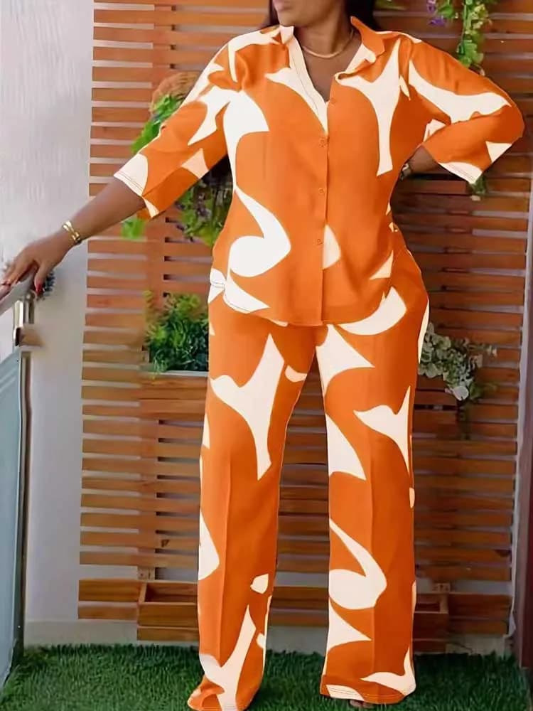 Summer 2 Piece Sets Women Outfit Streetwear Casual Loose Print Shirt Three Quarter Sleeves Top Female Set Plus Size Pants Suit