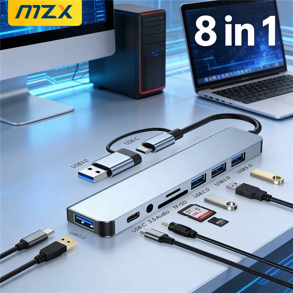Hub USB 8-in-1 Tipo C, Docking Station Tipo 3.0, Concentratore Multi-Adattatore con Lettore di Schede SD e TF, Audio, Multi-Hub per Laptop e PC