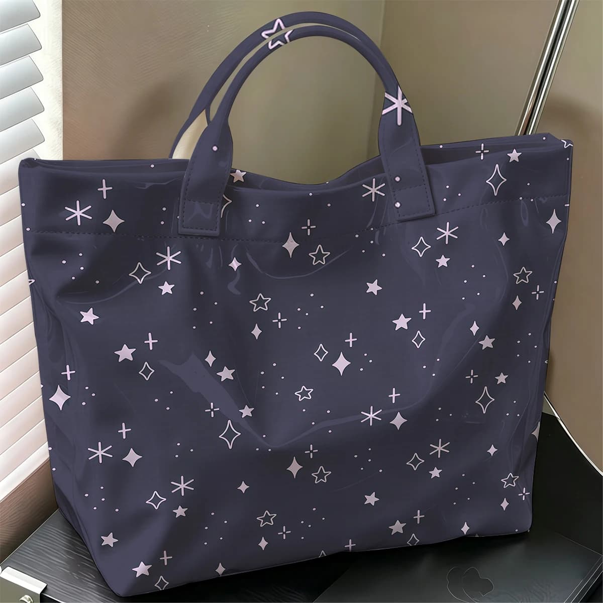 Lavender Starburst Hot Sale Large Glossy PVC Tote Bag Hand Washable Waterproof Great for Travel Commute Makeup Storage Handbags