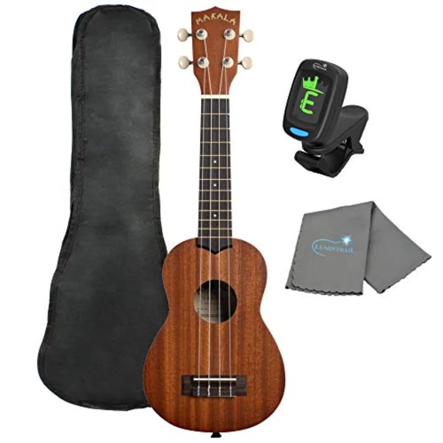 Ukulele for beginners, mahogany body, natural wood color, includes tote bag, tuner and polishing cloth