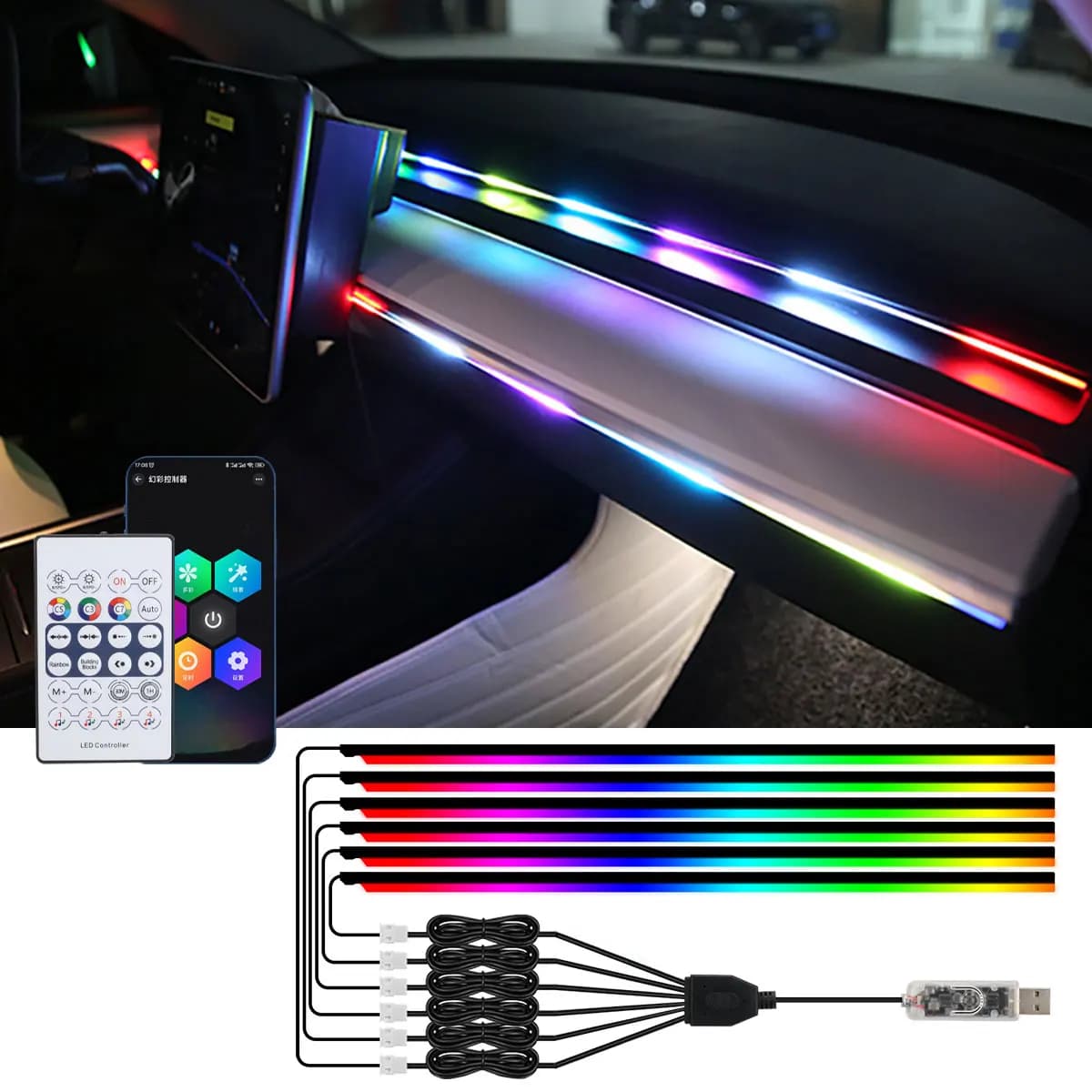 LED ambient lights for cars 6/10 in 1 RGB Symphony Interior strip lights for cars Decorative atmosphere lamp with remote control/ APPLICATION
