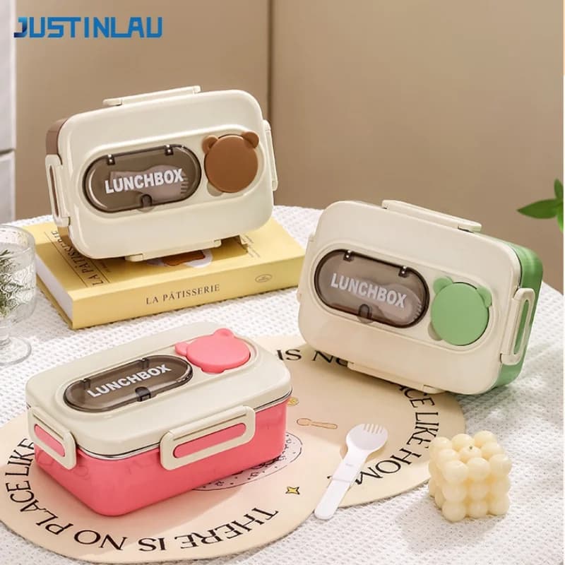 JUSTINLAU 2 Grid Bento Box 304 Stainless Steel Fruit Salad Box for Students Food Sealed Container with Dipping Sauce Box＆Spoon