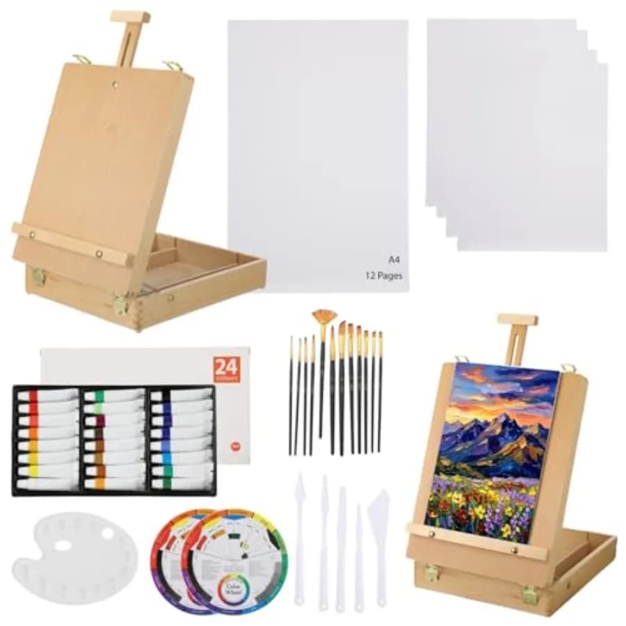 49 Pcs Acrylic Painting Set with Beech Wood Box, 24 Color Paints, Palette, Brushes, Canvases, Desktop Easel Painting Kit Art Su