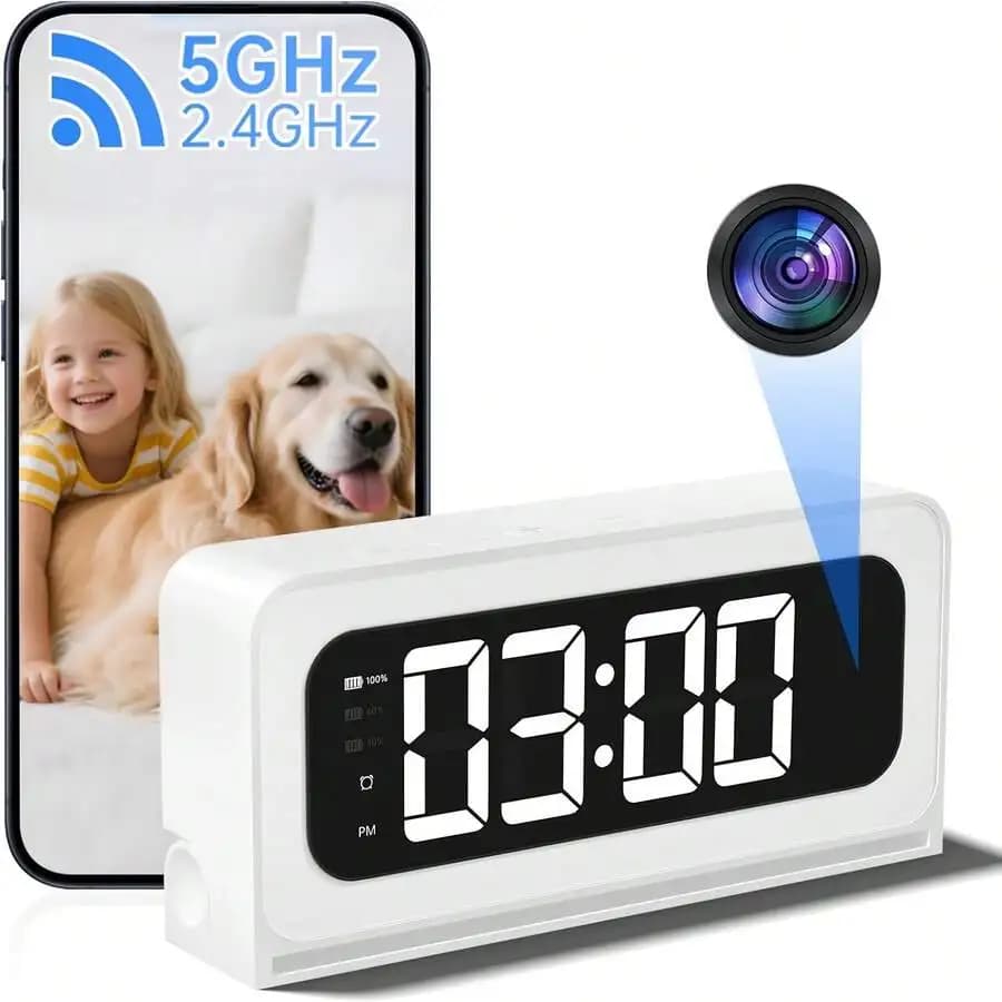 Telecamera Smart Clock 2K Bianca, Telecamera Nanny Wireless 5G-2.4G WiFi per Interni, Telecamere per la Sicurezza Domestica, Rilevamento Umano AI e Allarme, Comunicazione Bidirezionale, 360° ° PTZ, Visione Notturna a Colori