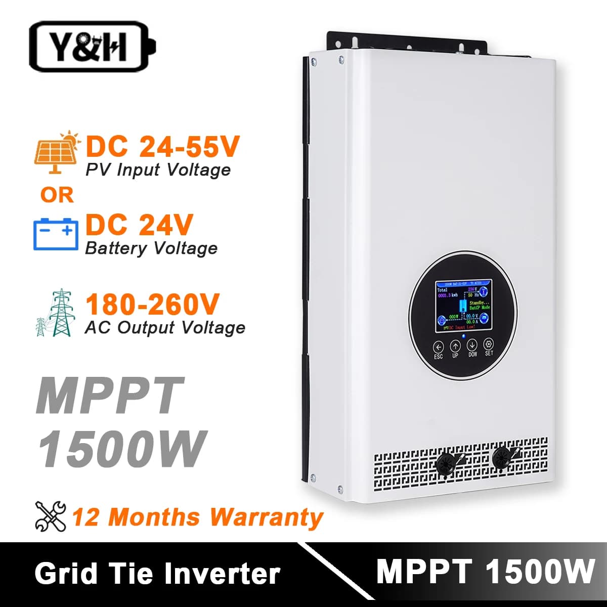 Y&H 1.5KW 2KW MPPT Griglia solare Micro inverter Limitatore di potenza Display LCD AC 230V Onda sinusoidale pura RS485 Alimentazione Zero Uscita