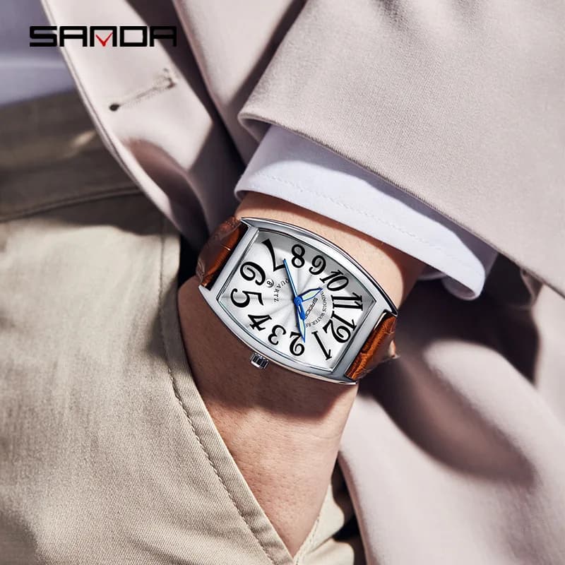 SANDA New Quartz Men's Watch Casual Fashion Simple Design Barrel Shape Dial Genuine Leather Strap Waterproof Business Men Watch