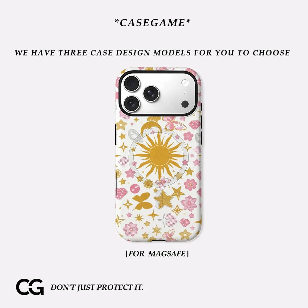 Casegame Cover Opaca Antiurto per iPhone 17 16 15 14 Plus 13 Pro Max con Bumper per MagSafe, in PC Rigido, con Ciondolo Sole e Luna