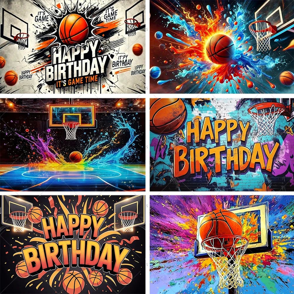 Sfondo Decorativo per Feste di Compleanno a Tema Basket, Banner Fotografico Sportivo con Fiamme per Cerimonie di Basket, per Ragazzi e Ragazze