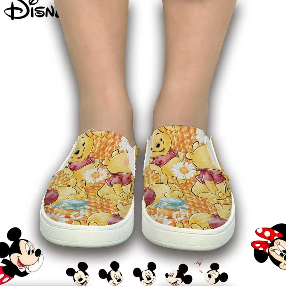 Yellow slip-on sneakers with honeycomb print Disney Winnie the Pooh – Women's comfortable casual shoes
