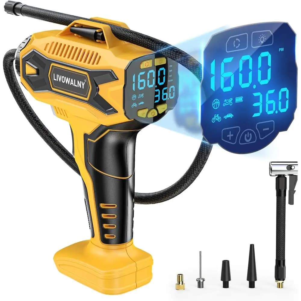 Pompa ad aria elettrica portatile da 160 PSI compatibile con batteria da 20V con manometro digitale per auto, moto, biciclette e palloni.