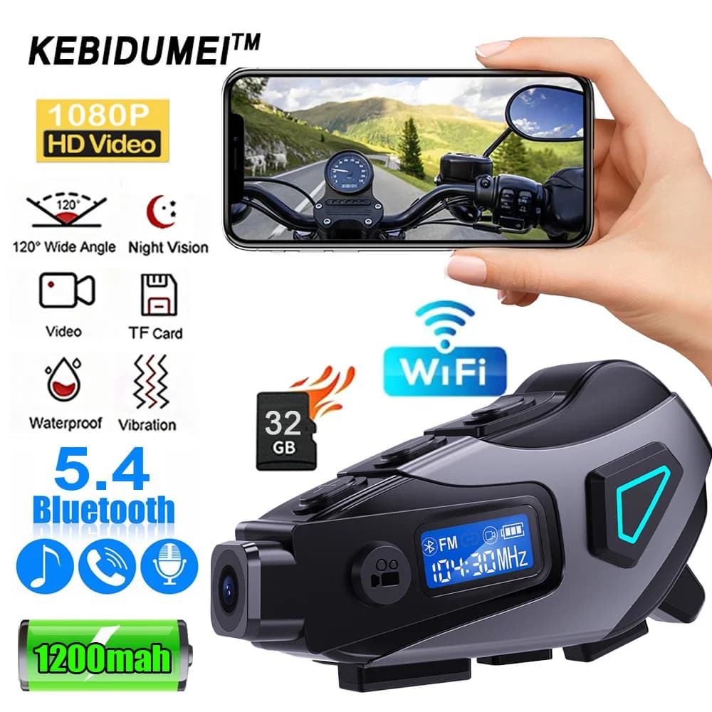 Dashcam video HD 1080P Obiettivo grandangolare FM + Bluetooth Casco moto Auricolare Fotocamera wireless Registratore moto impermeabile