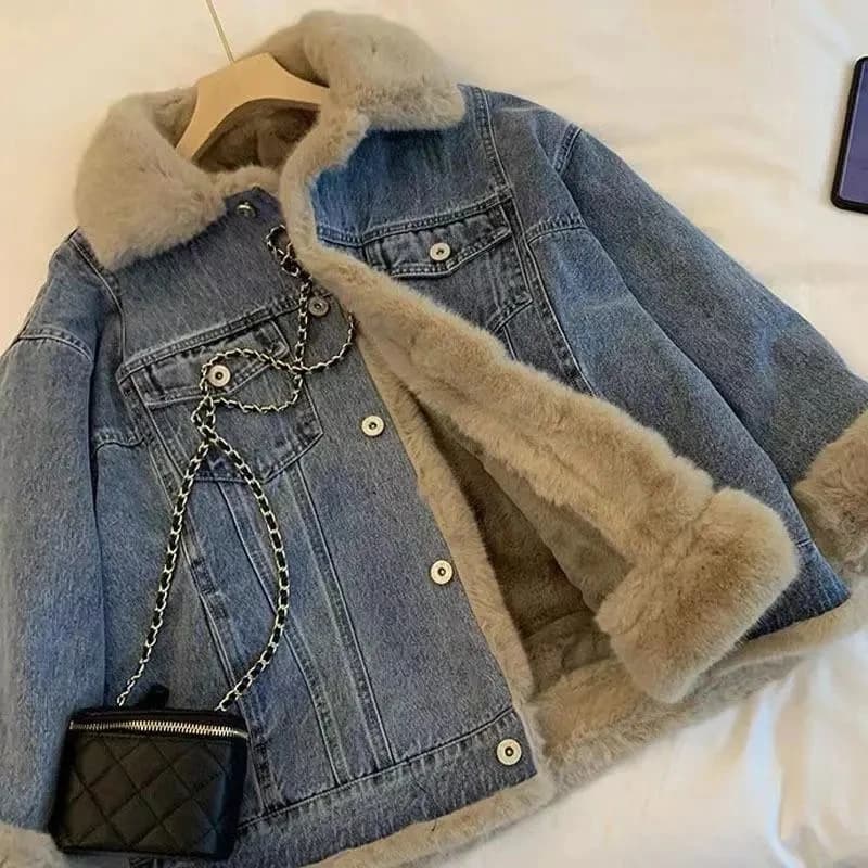Nuova Giacca Corta in Denim con Collo in Pelliccia di Volpe 2026, Giacca Invernale da Donna con Fodera in Pelliccia, Giacca in Jeans Spessa e Calda, Parka Femminile