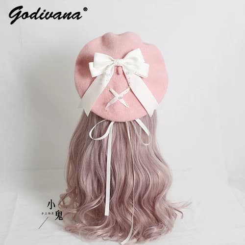 Japanese style Soft Girl autumn and winter JK wool cap cute cute lace bow cute Lolita girl caps for women caps