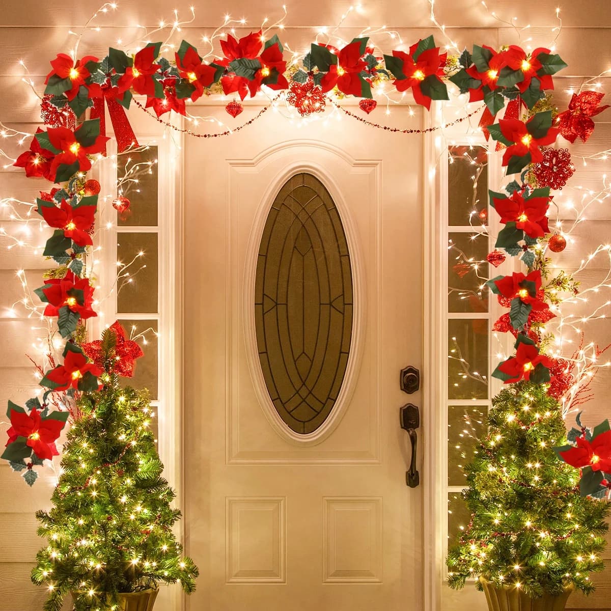 2M10LED Ghirlanda di Natale Stringhe di illuminazione Fiori rossi artificiali Foglie di agrifoglio per la casa 2024 Ornamento di Natale Regali di Capodanno 2025