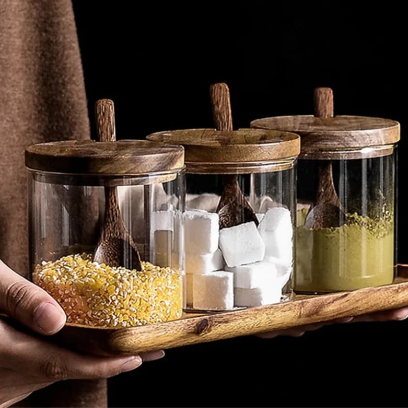 Set di barattoli per spezie in vetro trasparente - Scatola per condimenti con coperchio in legno e cucchiaio per contenitore per spezie in 3 pezzi da cucina