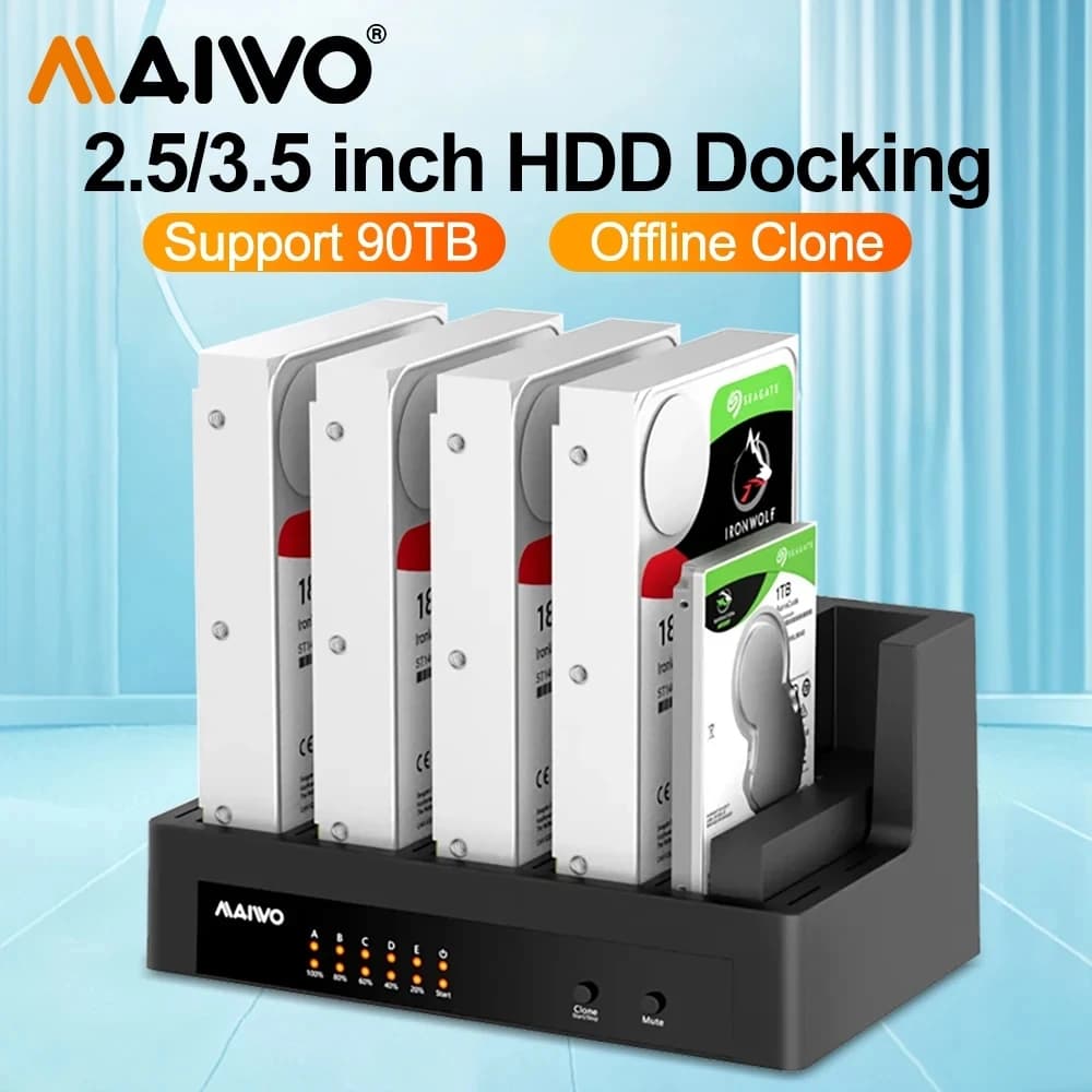 MAIWO Custodia per docking station per disco rigido esterno a 5 alloggiamenti per dock HDD SATA HDD/SSD USB3.0 da 2,5 '' 3,5'' con clone offline LED digitale
