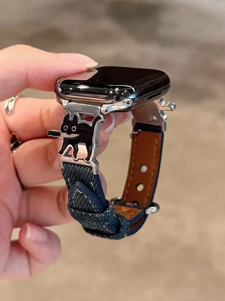 Cinturino sottile in pelle denim per cinturino Apple Watch 38/42 40/44 41/45mm 49Ultra Cat con braccialetto coltello per IWatch S10 42/46mm 9876SE