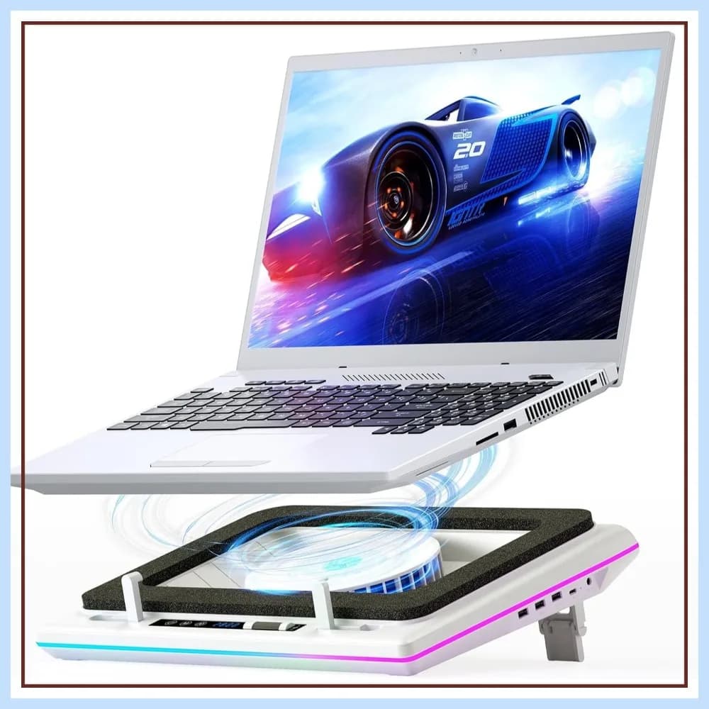 Base di Raffreddamento RGB per Laptop, Bianca, Potente Turbofan, Silenziosa, Controllo Touch, Schermo LCD, Schiuma Sigillante, 15-19 pollici