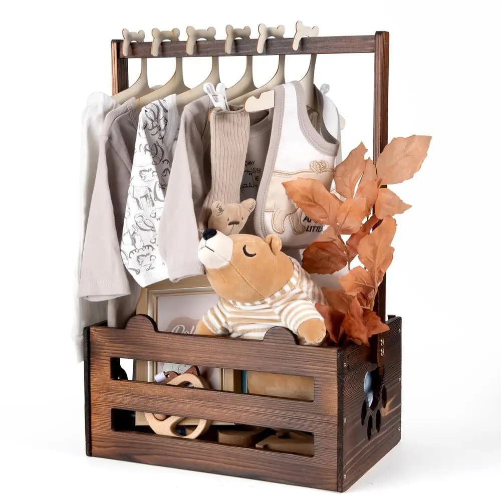 Brown Wood Basket for Baby Shower, Newborn Baby Container with Handle, Baby Shower Gift Basket, Baby Shower Box