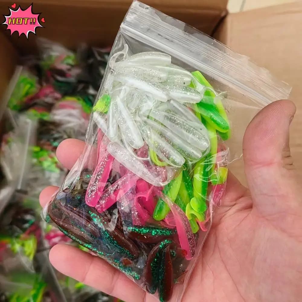 100 Pz/scatola 50mm Esche Da Pesca Morbide T Coda Shad Verme Simulato Esca Finta In Silicone Wobbler Attrezzatura Da Pesca Pesca Sport