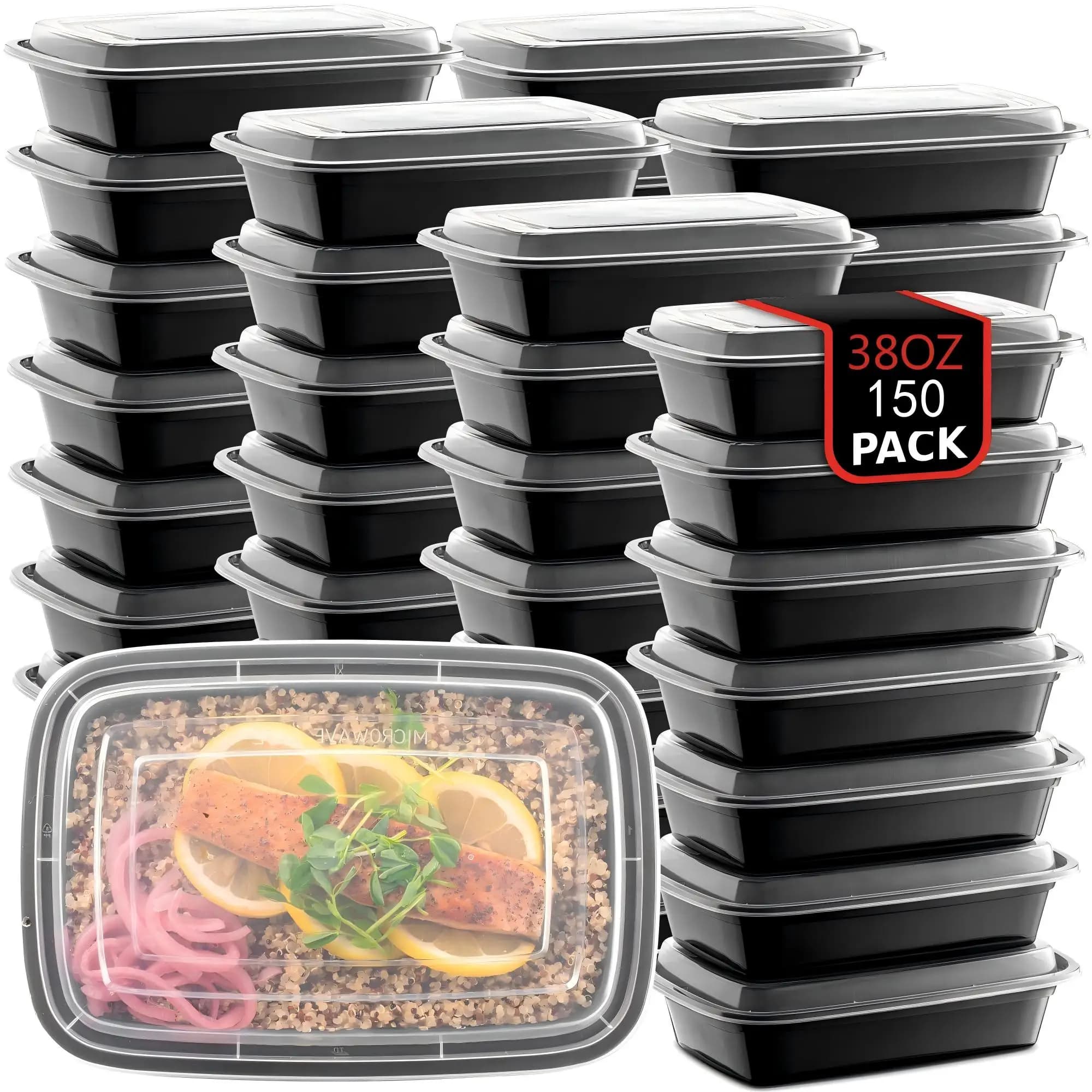 Set di 150 Contenitori per Pranzo Rettangolari Neri, 38 oz. Contenitori Impilabili e a Prova di Perdite per la Conservazione degli Alimenti, Scatole per il Pranzo Usa e Getta