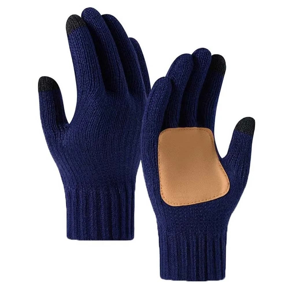 Leather Patch Touchscreen Gloves Solid Color Knitted Wool Winter Knit Mittens Thick Lining Elastic Cuff Woolen Warm Gloves