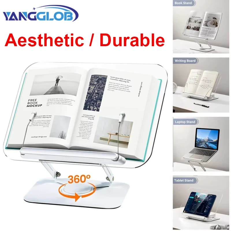 Supporto per libri in acrilico per la lettura Supporto per libri regolabile con 360 ° Clip per pagine elastiche con base rotante Supporto pieghevole per laptop