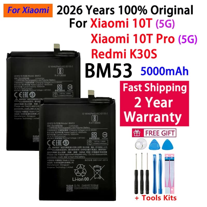 Batteria Originale BM53 2026 per Xiaomi 10T / 10T Pro Redmi K30S 10TPro Mi 10T Mi10T 5000mAh
